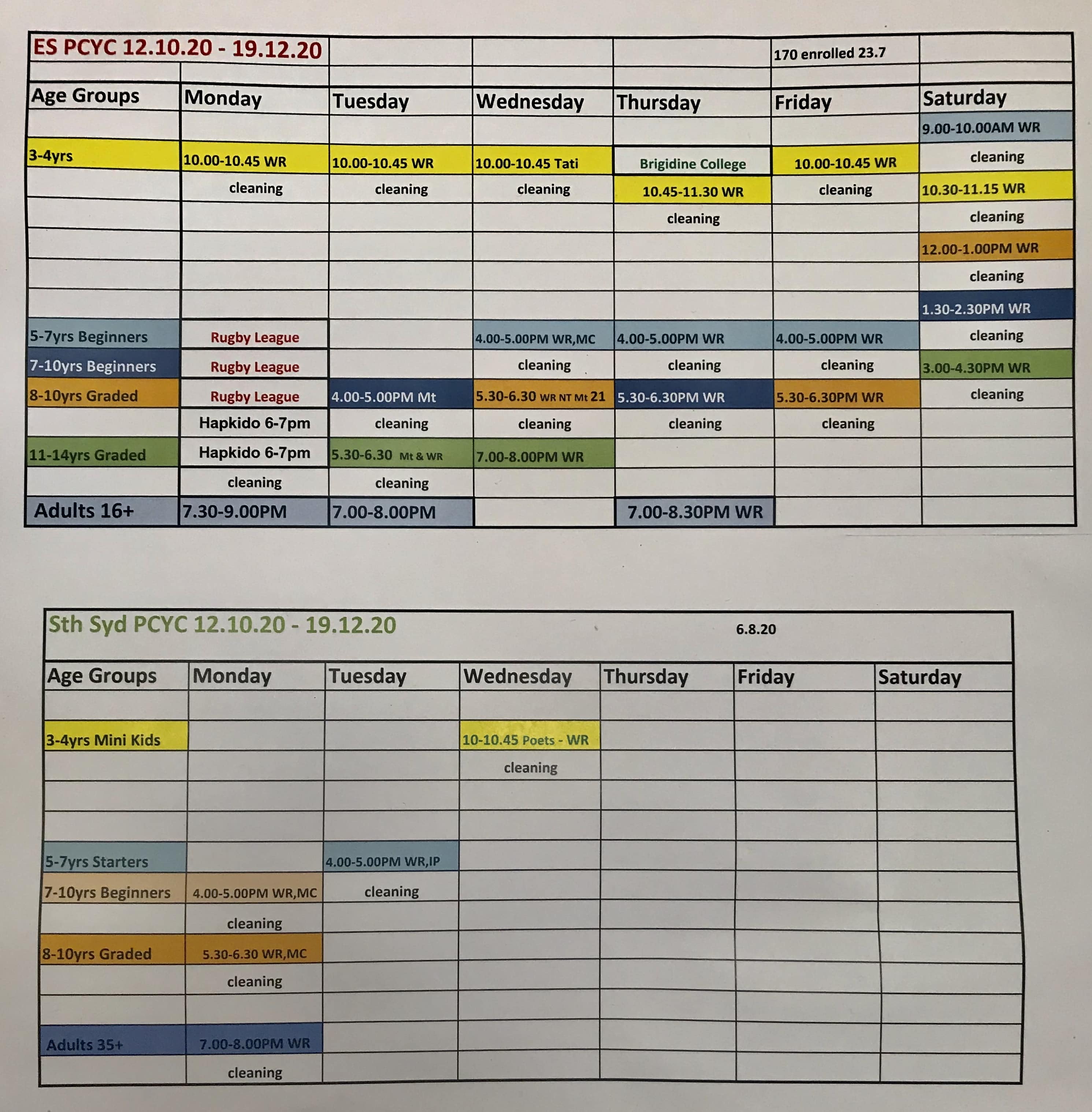 Timetable UNSW Judo Club