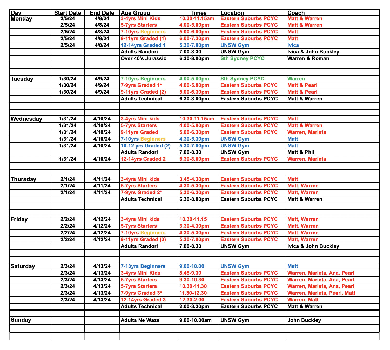 Timetable – UNSW Judo Club